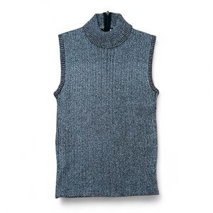 Vintage Lurex Silver Metallic Ribbed Turtleneck Sleeveless Sweater